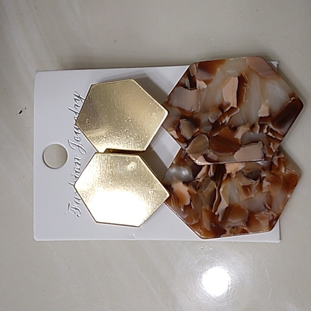 Marbled Brown and Peach Gold Hexagon Statement Earrings